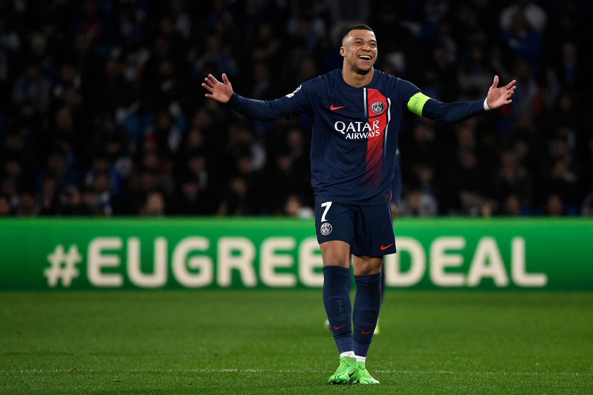 Paris Saint-Germain's French forward #07 Kylian Mbappe celebrates scoring his team's first goal during the UEFA Champions League last 16 second leg football match between Real Sociedad and Paris Saint-Germain (PSG) at the Anoeta stadium in San Sebastian on March 5, 2024. (Photo by ANDER GILLENEA / AFP)