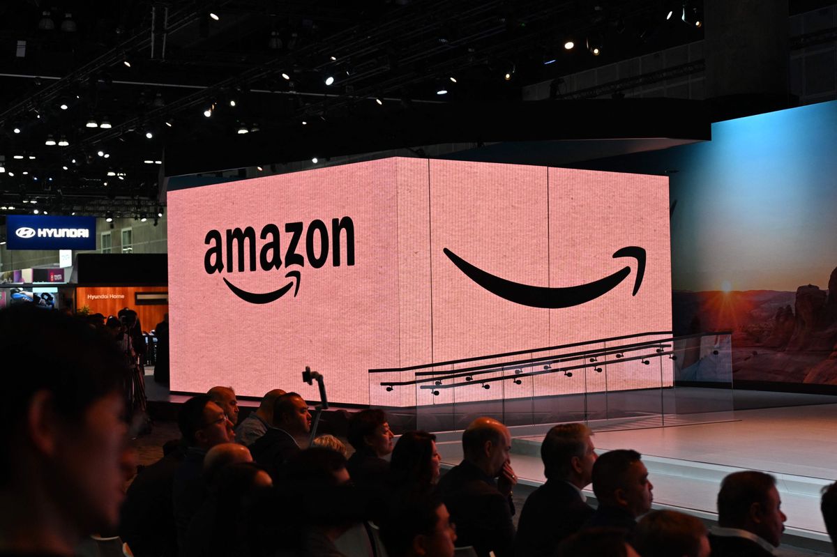 An Amazon display is seen at the Hyundai press conference at Automobility LA, the media preview day for the LA Auto Show, on November 16, 2023 in Los Angeles, California. (Photo by Robyn Beck / AFP)