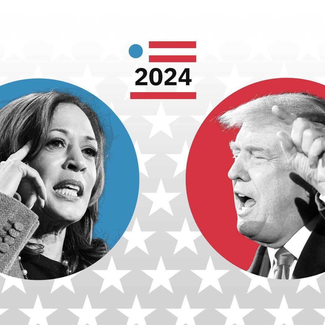 Illustration de deux Kamala Harris et de Donald Trump, Harris sur fond bleu et Trump sur fond rouge.