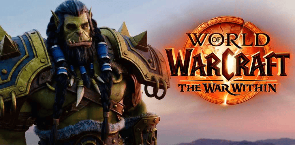 Image d'un orc en armure du jeu World of Warcraft à côté du logo et du titre 'World of Warcraft: The War Within'.