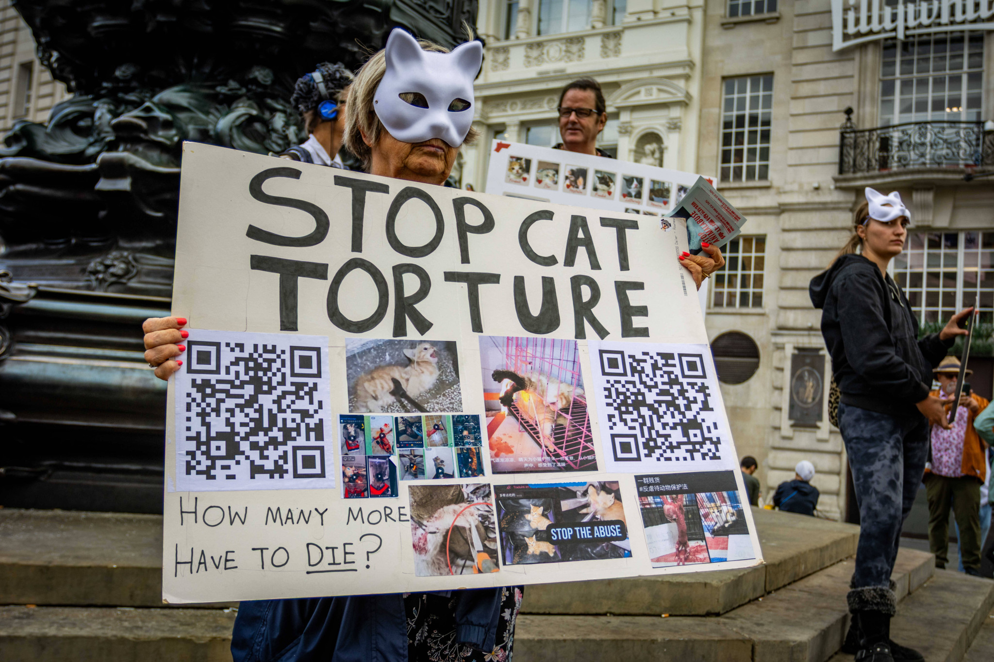 Manifestants portant des masques de chat et tenant des pancartes contre la torture des chats à Piccadilly Circus, Londres.