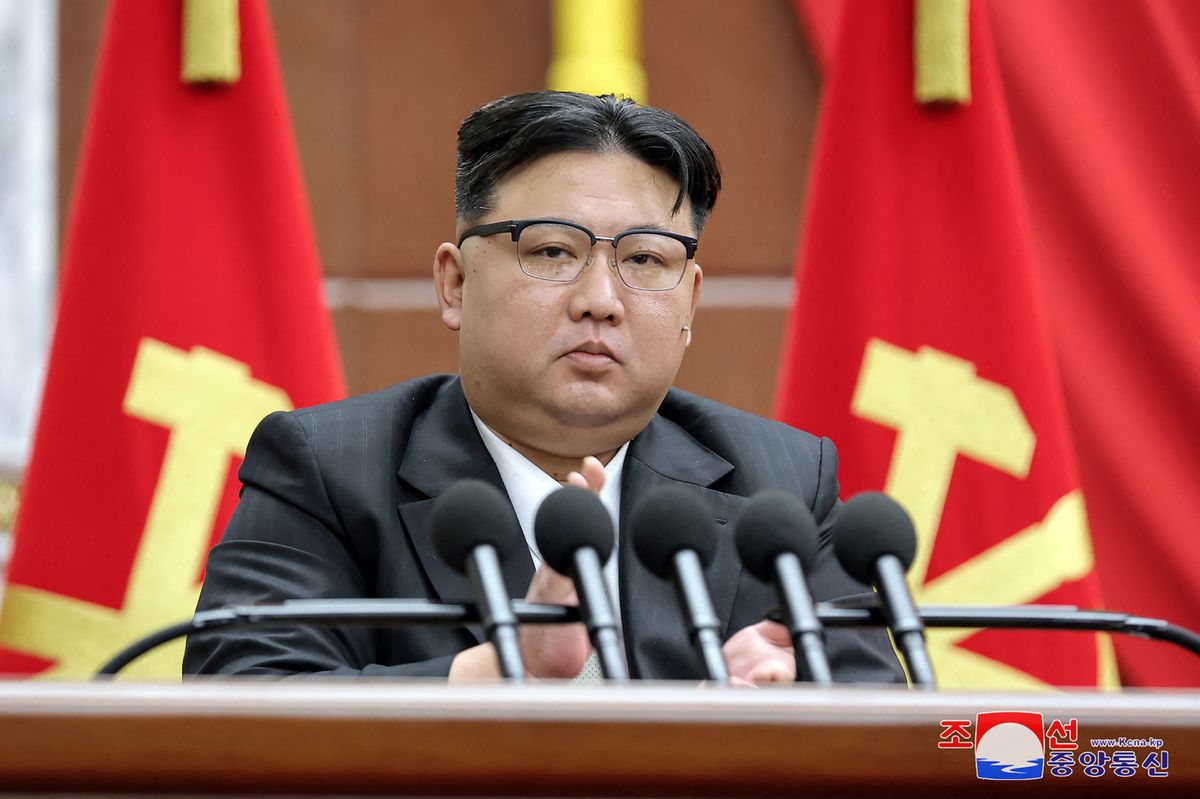 (FILES) This undated picture released by North Korea's official Korean Central News Agency (KCNA) via KNS on December 31, 2023 shows North Korean leader Kim Jong Un speaking at the 9th Plenary Session of the 8th Central Committee of the Workers' Party of Korea (WPK) at the Party's Central Committee headquarters building in Pyongyang. North Korean leader Kim Jong Un has declared the South his country's "principal enemy", jettisoned agencies dedicated to reunification and outreach, and threatened war over "even 0.001 mm" of territorial infringement. Kim said he had no intention of starting a war -- but also none of avoiding one. (Photo by KCNA VIA KNS / AFP) / - South Korea OUT / REPUBLIC OF KOREA OUT
---EDITORS NOTE--- RESTRICTED TO EDITORIAL USE - MANDATORY CREDIT "AFP PHOTO/KCNA VIA KNS" - NO MARKETING NO ADVERTISING CAMPAIGNS - DISTRIBUTED AS A SERVICE TO CLIENTS
THIS PICTURE WAS MADE AVAILABLE BY A THIRD PARTY. AFP CAN NOT INDEPENDENTLY VERIFY THE AUTHENTICITY, LOCATION, DATE AND CONTENT OF THIS IMAGE. / 