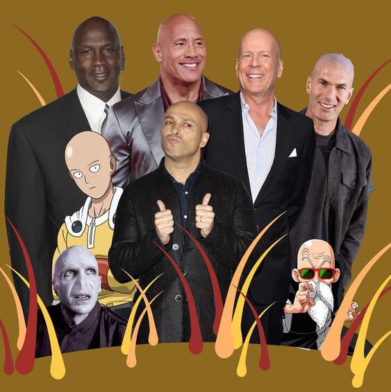 Montage humoristique de divers personnages célèbres chauves, incluant des figures animées et de célébrités.