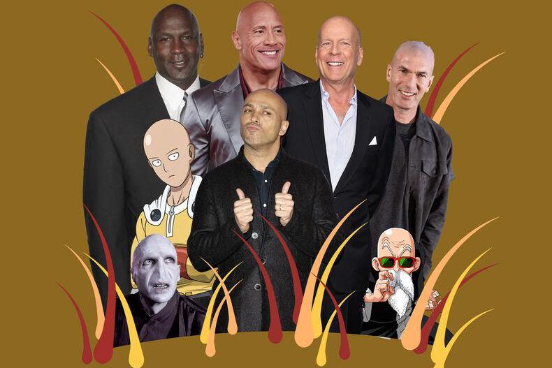 Montage humoristique de divers personnages célèbres chauves, incluant des figures animées et de célébrités.