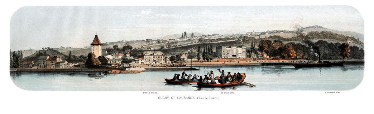 La tour du château, l’hôtel de l’Ancre (ancien Logis d’Ouchy et futur hôtel d’Angleterre) et l’hôtel Beau-Rivage vers 1865 (lithogravure de L. Sabatier).