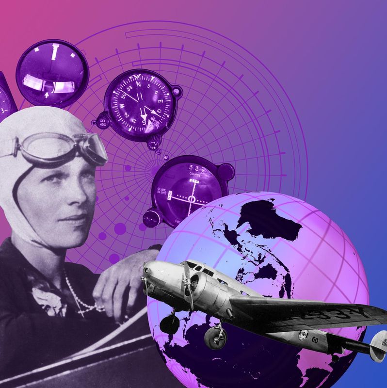 Illustration vintage d’un aviateur avec casquette et lunettes, accompagnée d’une carte, d’instruments de vol et d’un avion classique devant un globe terrestre.