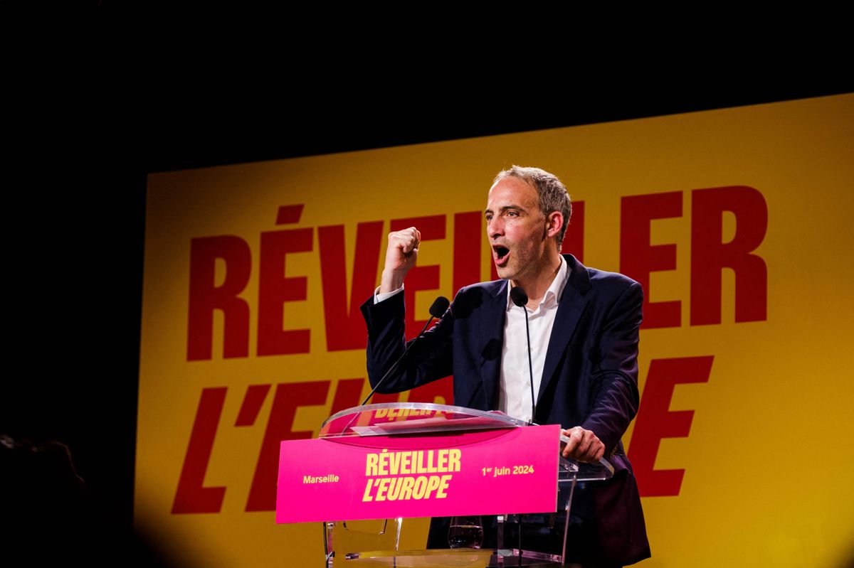 France's Socialist Party (PS) and Place Publique party’s leading European Parliament election candidate and MEP Raphael Glucksmann speaks during a campaign meeting in Marseille on June 1, 2024. (Photo by DAVID COSTA / AFP)