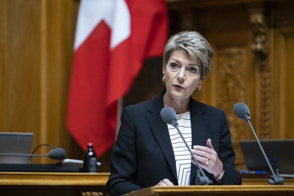 Bundesraetin Karin Keller-Sutter spricht zum Budget, an der Sommersession der Eidgenoessischen Raete, am Donnerstag, 1. Juni 2023 im Nationalrat in Bern. (KEYSTONE/Alessandro della Valle)