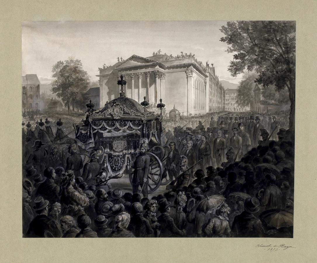 Cortège funéraire du duc de Brunswick devant le Musée Rath, par Jean Chomel (1810 -1876).
