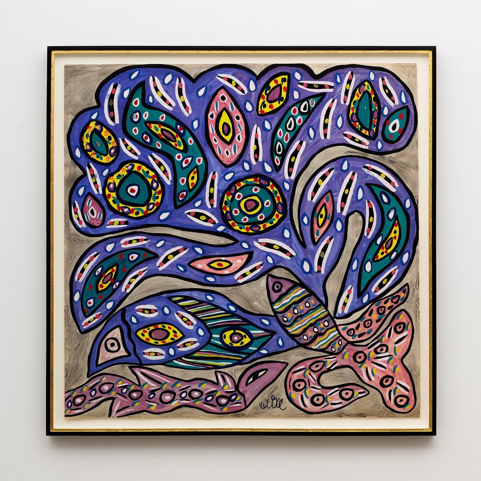 Peinture abstraite avec des formes ondulantes bleues, roses et violettes remplies de motifs oculaires colorés.