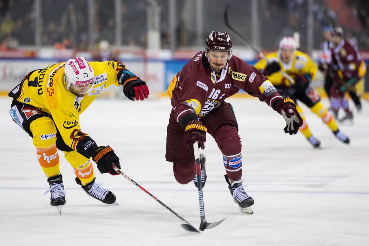 Claude-Curdin Paschoud (Berne), Noah Rod (GSHC), pendant le match entre le Geneve-Servette Hockey Club et le SC Bern comptant pour le championat de National League, le samedi 25 novembre 2023 a la Patinoire des Vernets, a Geneve (Bastien Gallay / GallayPhoto)