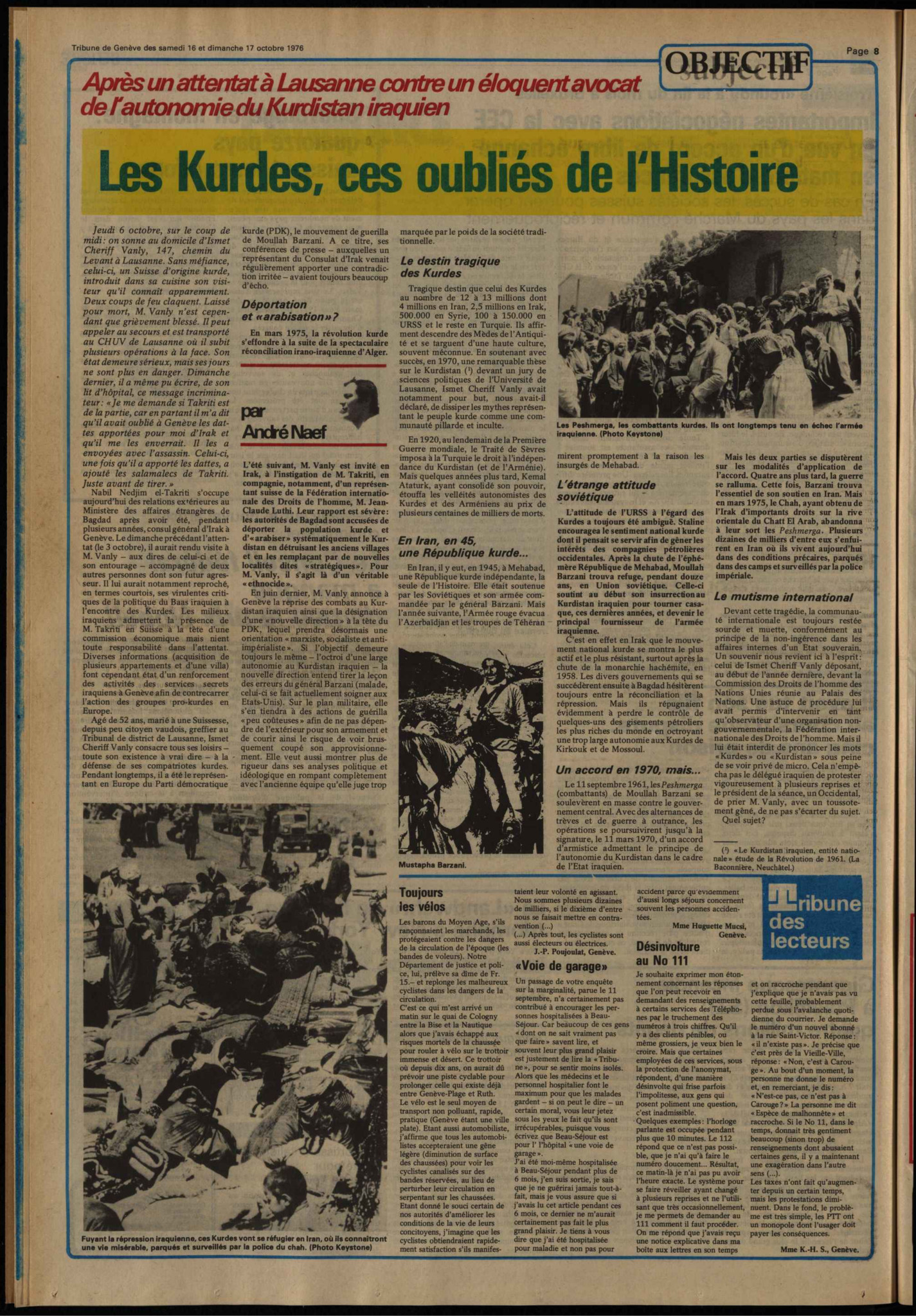 Page du journal Tribune de Gen&egrave;ve titr&eacute;e &rsquo;Les Kurdes, ces oubli&eacute;s de l&rsquo;Histoire&rsquo;, avec photos de foules kurdes et article sur l&rsquo;autonomie du Kurdistan irakien.