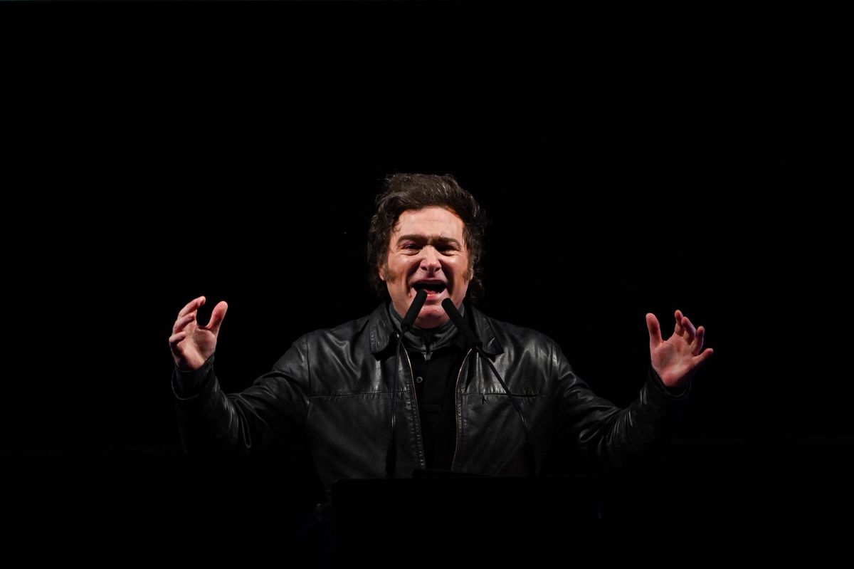 Argentina's President Javier Milei speaks to his supporters at the presentation of La Libertad Avanza political party at Lezama square in Buenos Aires on September 28, 2024. (Photo by LUIS ROBAYO / AFP)