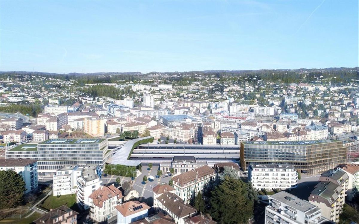 Sur deux immeubles de plusieurs étages projetés par les CFF à la gare de Renens, un seul (celui de gauche) a été construit. La construction du deuxième (à gauche du bâtiment de la gare) est suspendue par la décision des CFF. 