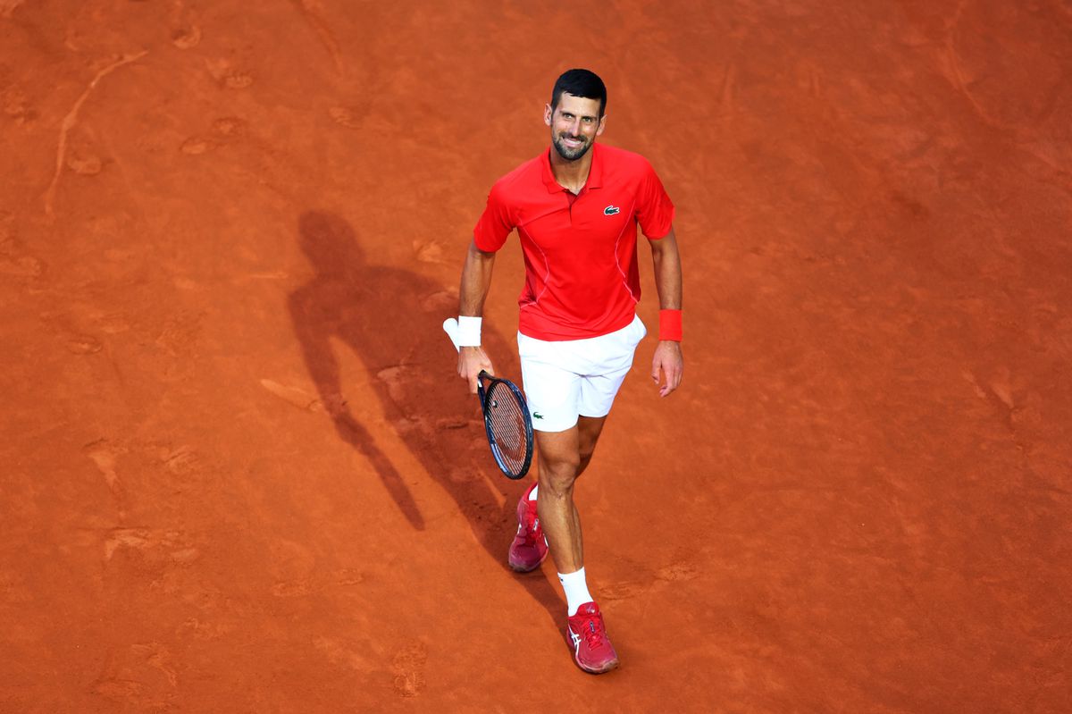 ROME, ITALY - MAY 10: Novak Djokovic of Serbia reacts against Corentin Moutet of France in the Men's Singles second round match during Day Five of the Internazionali BNL D'Italia 2024 at Foro Italico on May 10, 2024 in Rome, Italy.  (Photo by Dan Istitene/Getty Images)
