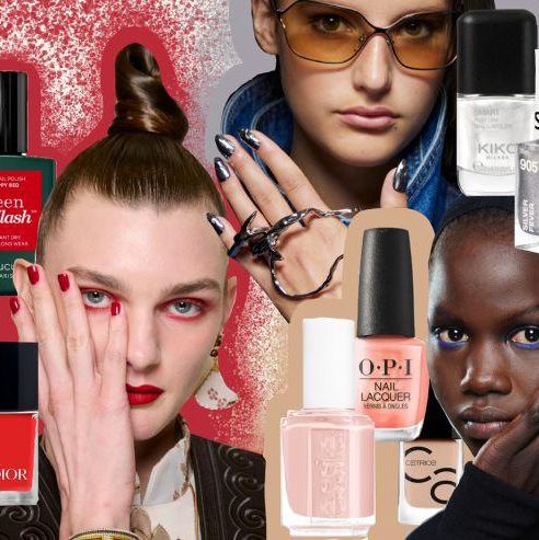 Collage de mannequins portant du vernis à ongles coloré, entourés de flacons de différentes marques comme Dior et O.P.I.