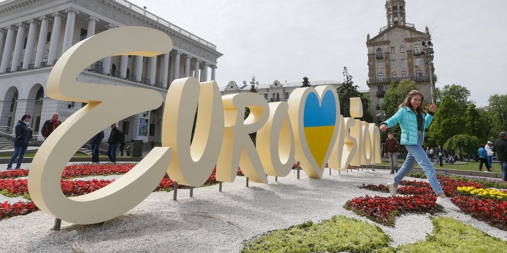 Le logo de l’Eurovision lors de la tenue de sa 62e édition en 2017 à Kiev, en Ukraine.