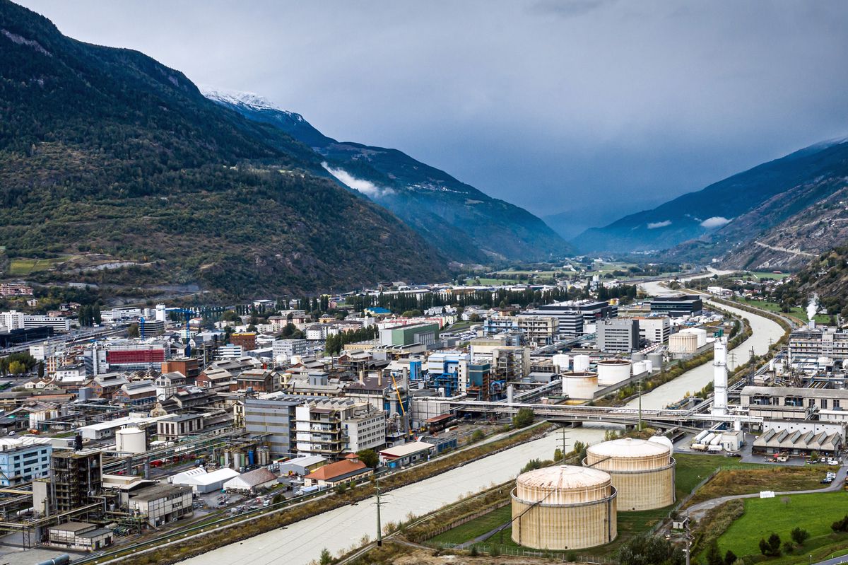 Lonza buildings, where a part of the Moderna mRNA coronavirus disease (COVID-19) vaccine will be produced, in Visp, Switzerland, October 6, 2020. (KEYSTONE/Olivier Maire)