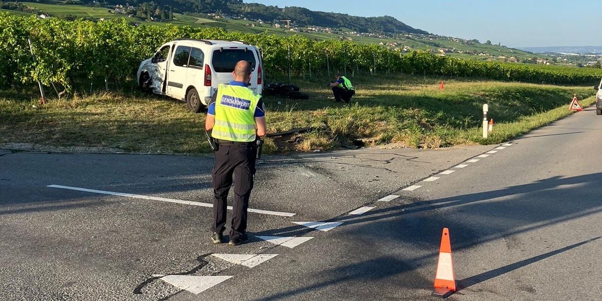 Un officier de police se tient sur la route à côté d'une fourgonnette blanche accidentée dans un vignoble sous un ciel dégagé.