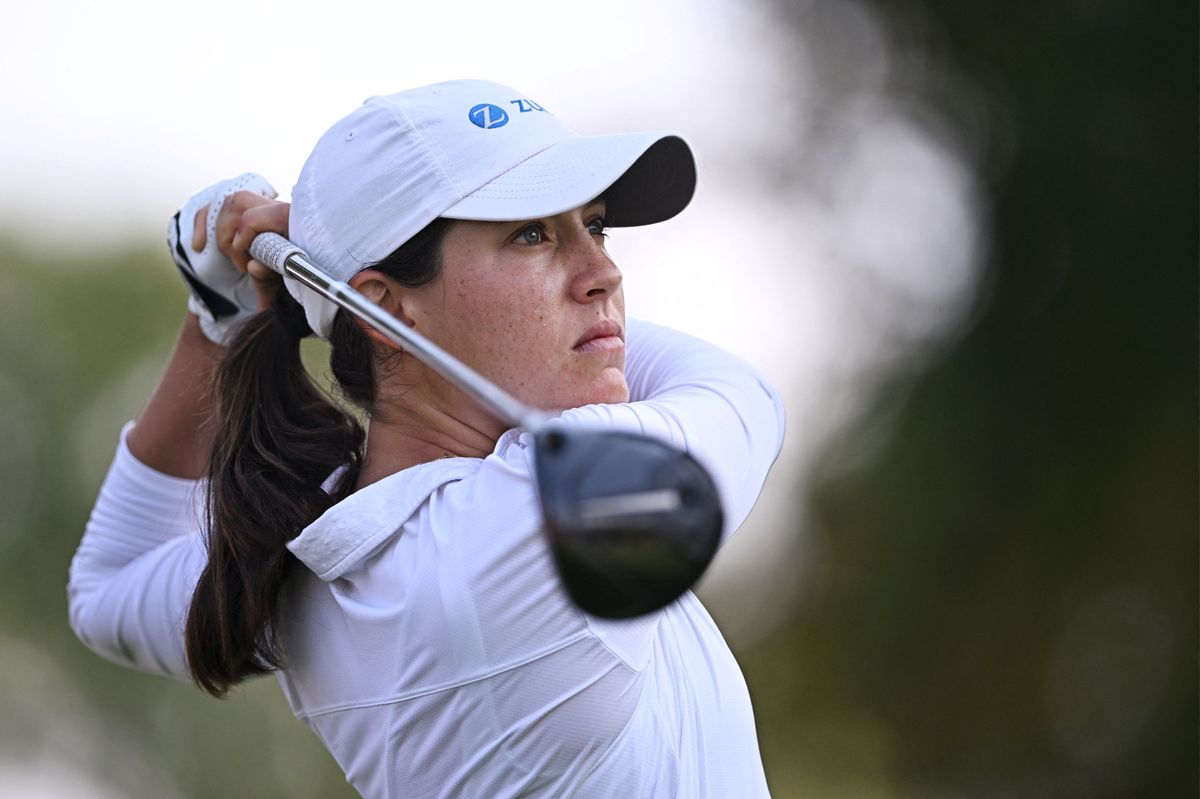 Albane Valenzuela of Switzerland tees off during the final day of the 2024 Honda LPGA Thailand golf tournament at the Siam Country Club in Pattaya on February 25, 2024. (Photo by Lillian Suwanrumpha / AFP)