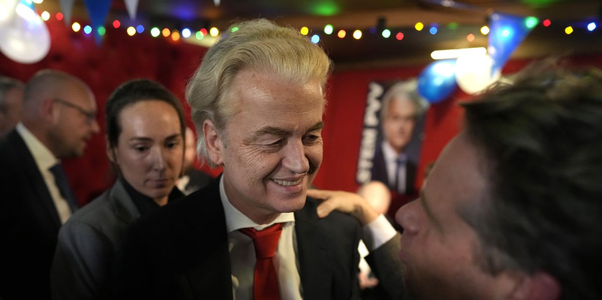 Geert Wilders, leader of the Party for Freedom, known as PVV, talks to his supporters after announcement of the first preliminary results of general elections in The Hague, Netherlands, Wednesday, Nov. 22, 2023. (AP Photo/Peter Dejong)