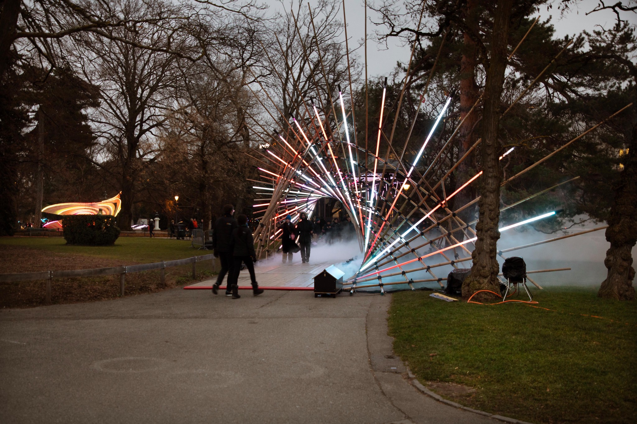 Installation lumineuse MORPHOSIS au Jardin Anglais, Genève, lors du festival Geneva Lux, janvier 2025.