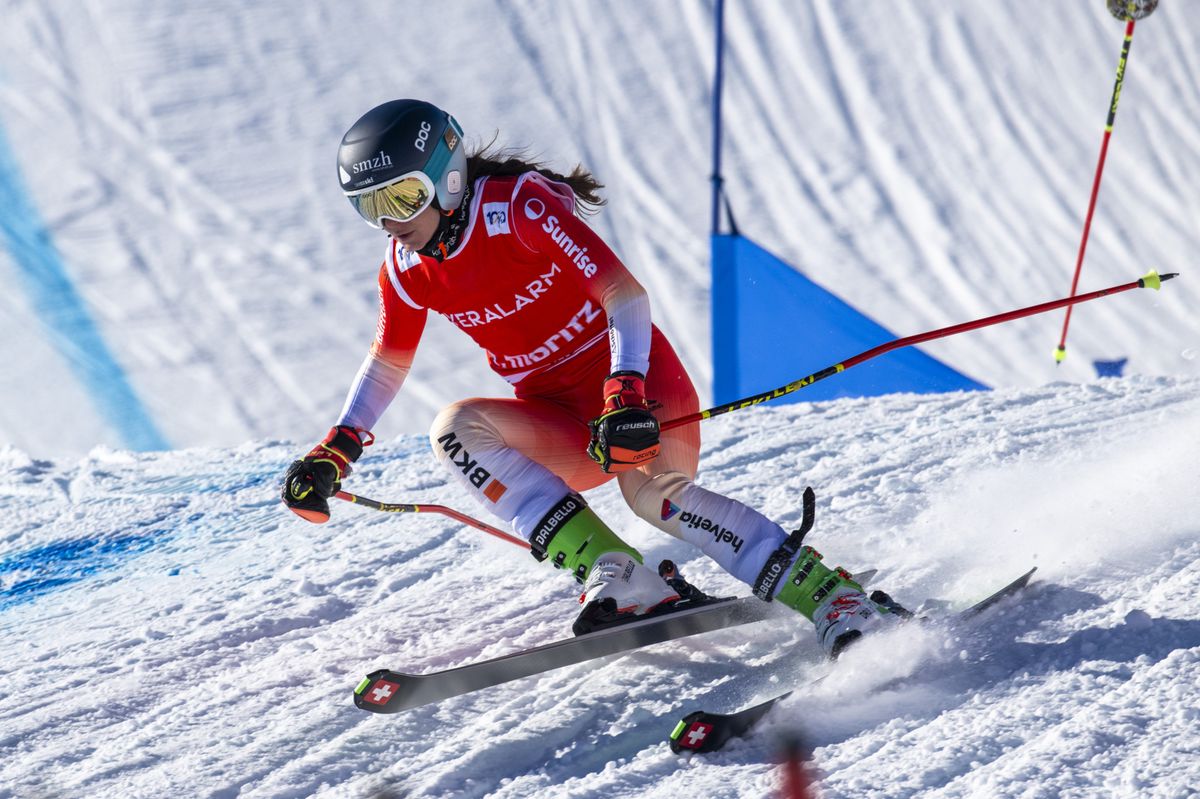 Talina Gantenbein of Switzerland speeds down the track at the Ski Cross World Cup race in St. Moritz, Switzerland, on Sunday, January 28, 2024. (KEYSTONE/Mayk Wendt)