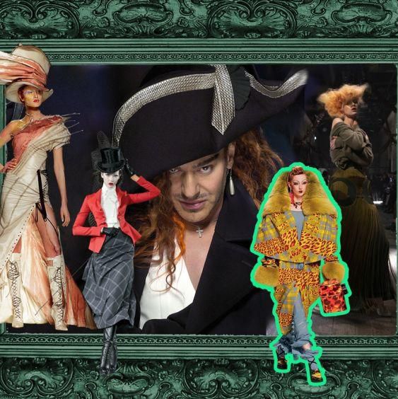 Collage artistique célébrant la mode avec des mannequins en costumes extravagants et un cadre orné.