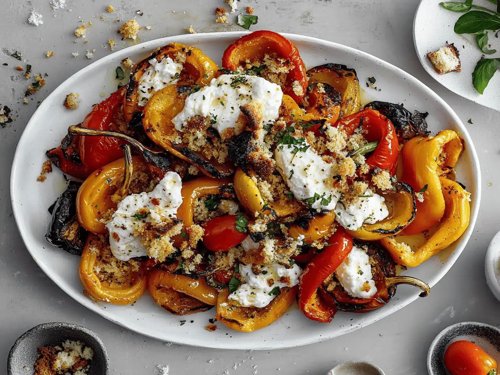 Gegrillte rote, gelbe und schwarze Paprika auf weissem Teller, garniert mit Burrata, Semmelbröseln und frischen Kräutern.