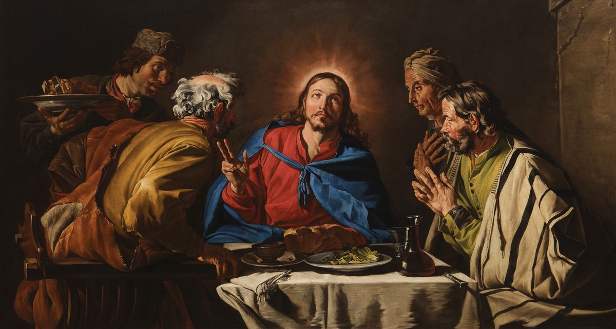 Une peinture représentant Jésus au centre avec une auréole, entouré de quatre disciples, partageant un repas.