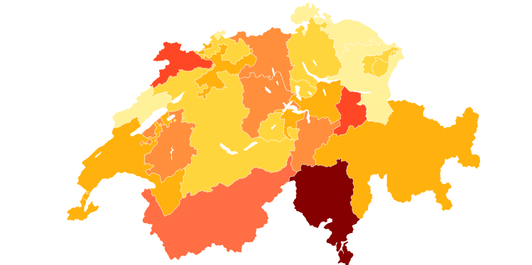 Carte de la Suisse montrant les taux de vaccination par région, avec des couleurs allant du jaune au rouge foncé pour indiquer différents pourcentages.