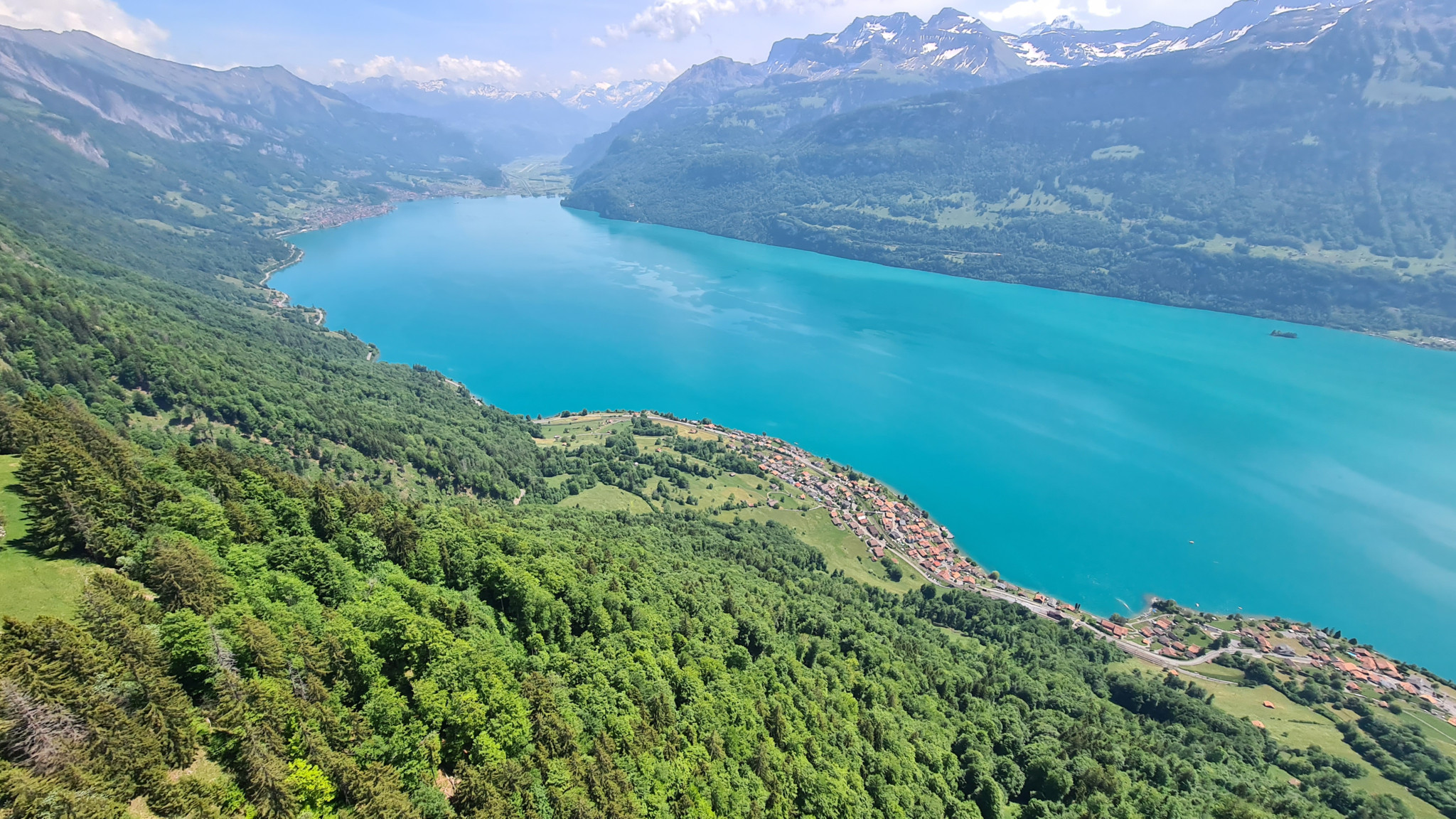 Luftaufnahme von Oberried am Brienzersee mit türkisblauem Wasser, grünen Wäldern und schneebedeckten Alpen im Hintergrund. Luftaufnahme von Oberried am Brienzersee mit türkisblauem Wasser, grünen Wäldern und schneebedeckten Alpen im Hintergrund.