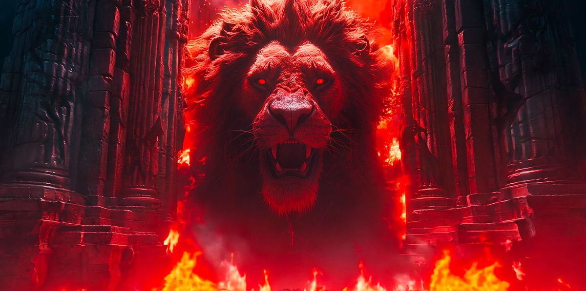 Lion gigantesque avec des yeux rouges brillants émergeant d'une porte entourée de flammes, dans une scène de feu intense.