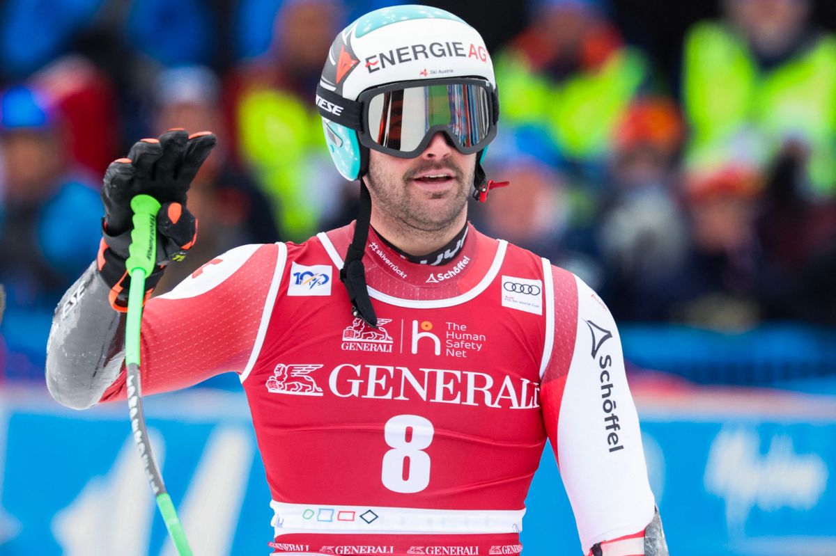 Vincent Kriechmayr from Austria reacts in the finnish area during the Super-G event of the FIS Alpine Ski World Cup in Kvitfjell, Norway, on February 18, 2024. (Photo by Geir Olsen / NTB / AFP) / Norway OUT