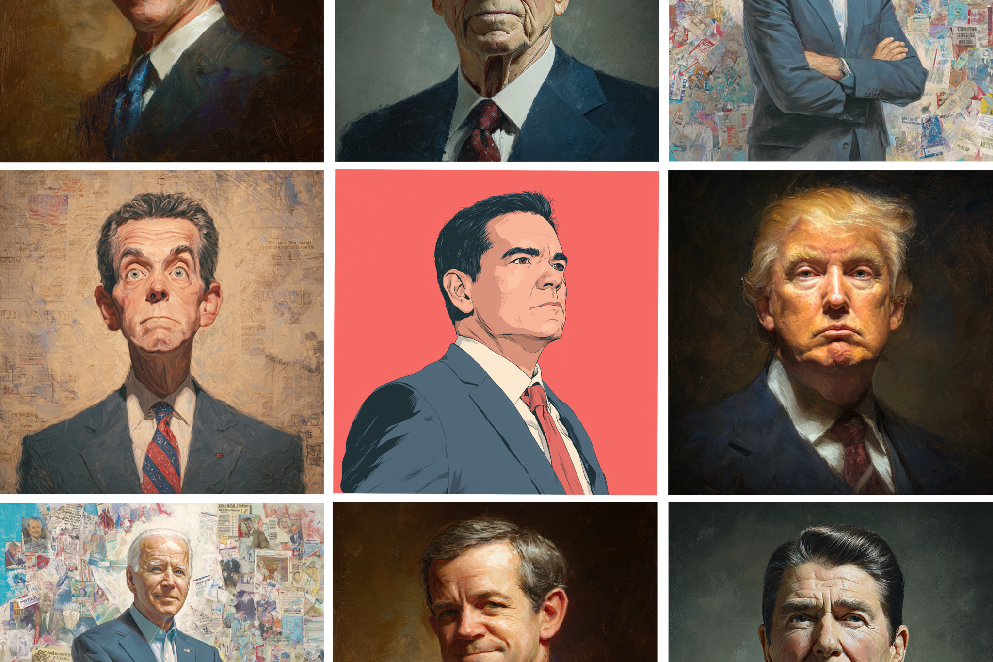 Illustration von verschiedenen männlichen Politikern in professioneller Kleidung, erstellt mit künstlicher Intelligenz.