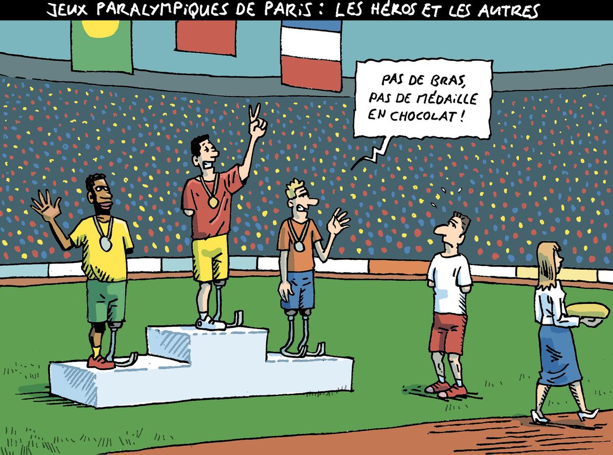 Caricature des Jeux Paralympiques de Paris montrant trois athlètes paralympiques sur un podium, et un homme offrant un plateau de chocolats en disant 'Pas de bras, pas de médaille en chocolat!'