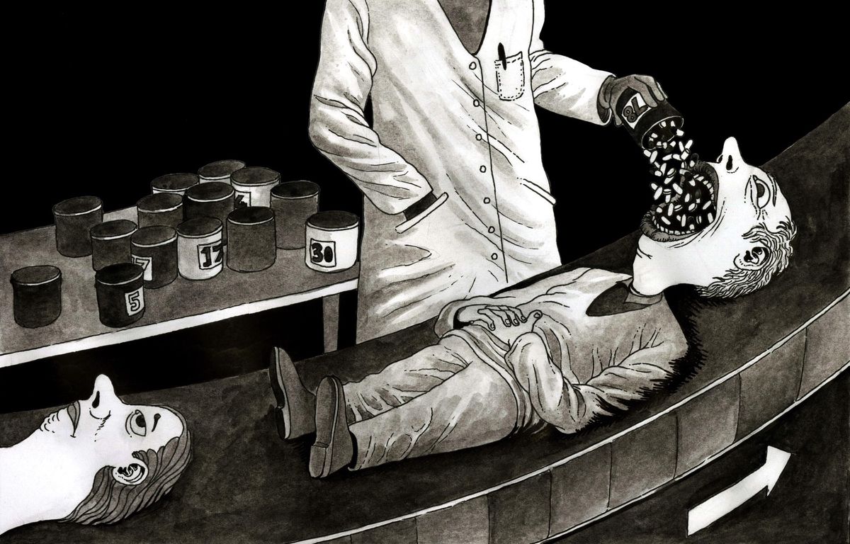 Illustration sombre montrant un scientifique versant des pilules dans la bouche d’une personne allongée sur une table, avec des boîtes numérotées en arrière-plan.