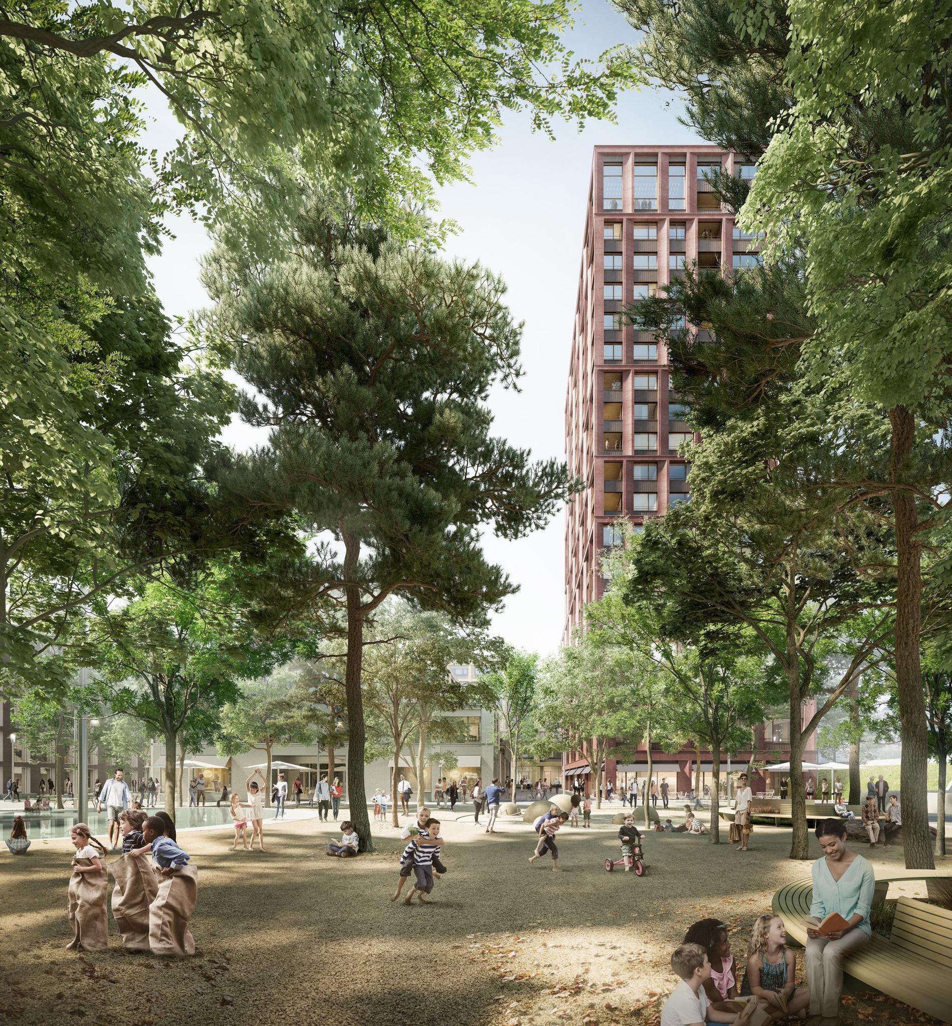 Vue sur la place de la Coulisse en direction des bâtiments de Renens. La place sera entièrement arborisée et recouverte de gravier stabilisé, fixé au sol.