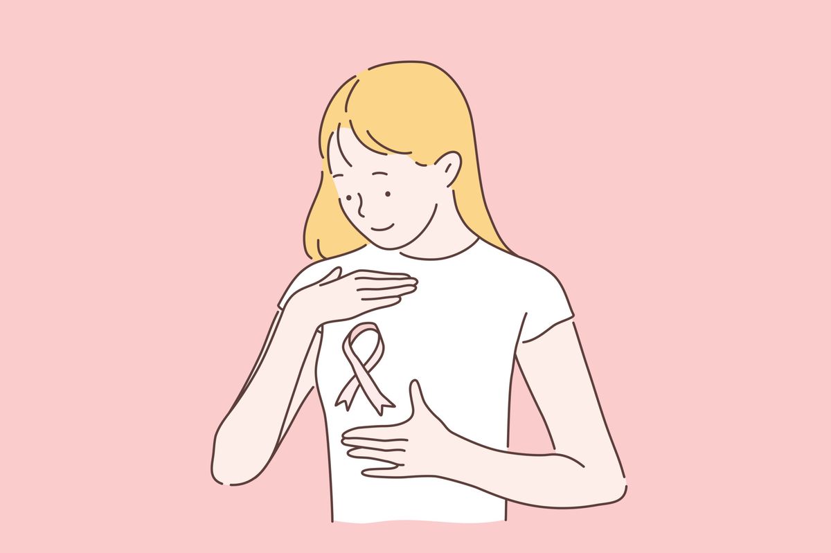 Breast cancer, awareness month concept. Womens day October 15 fight the disease. A young woman or girl smiling looks at a pink ribbon symbol. A lady with cancer doesnt fall in spirit. Volunteering, supporting. Simple flat vector.
