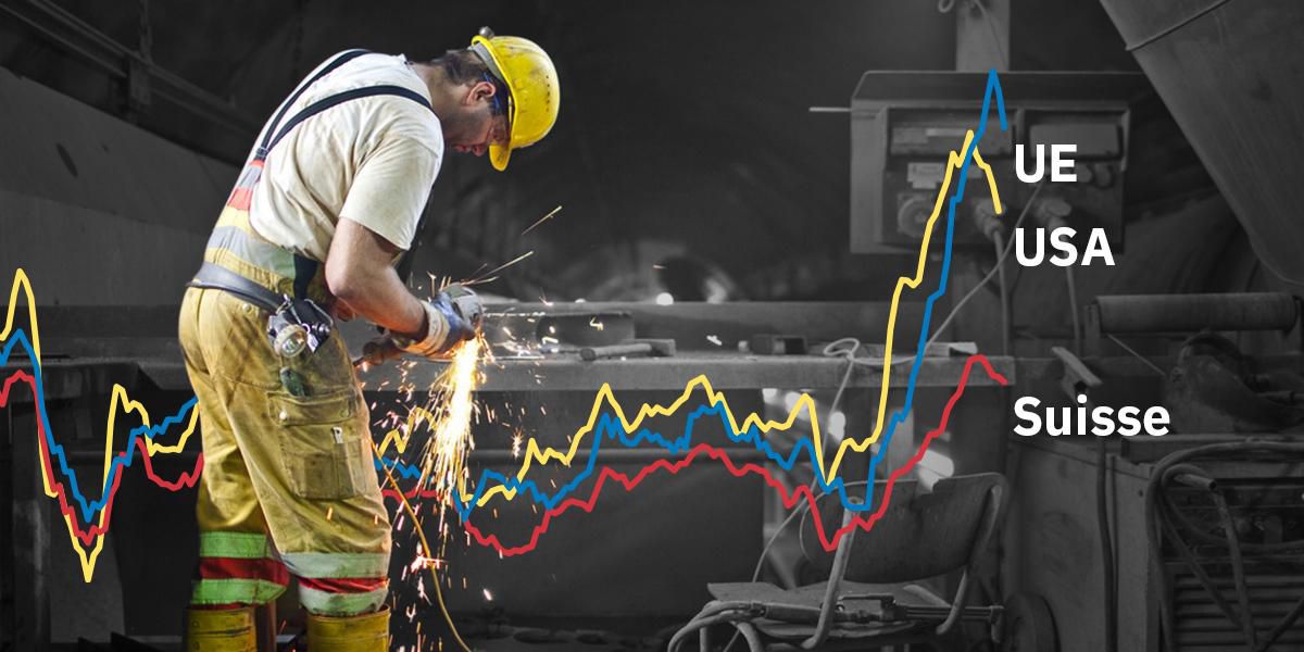 L'économie suisse s'en sort bien: un ouvrier rectifie un morceau de métal dans le tunnel de base du Gothard. (Photo d'archives)