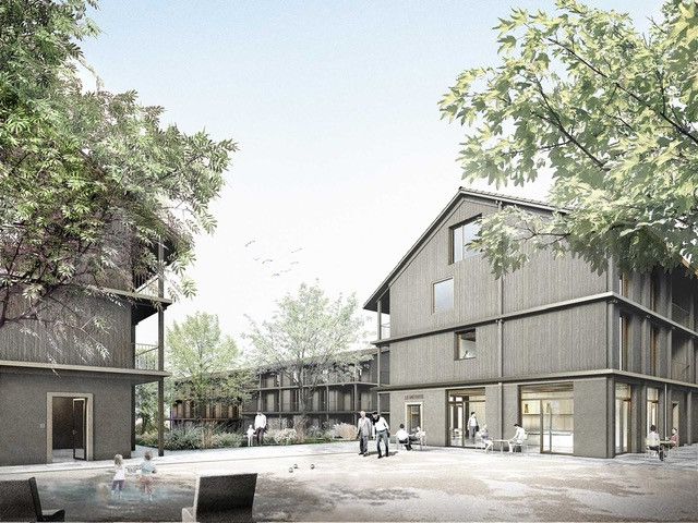 Suisse, Meinier 2024. Image de synthèse d'un projet immobilier dans la commune de Meinier.