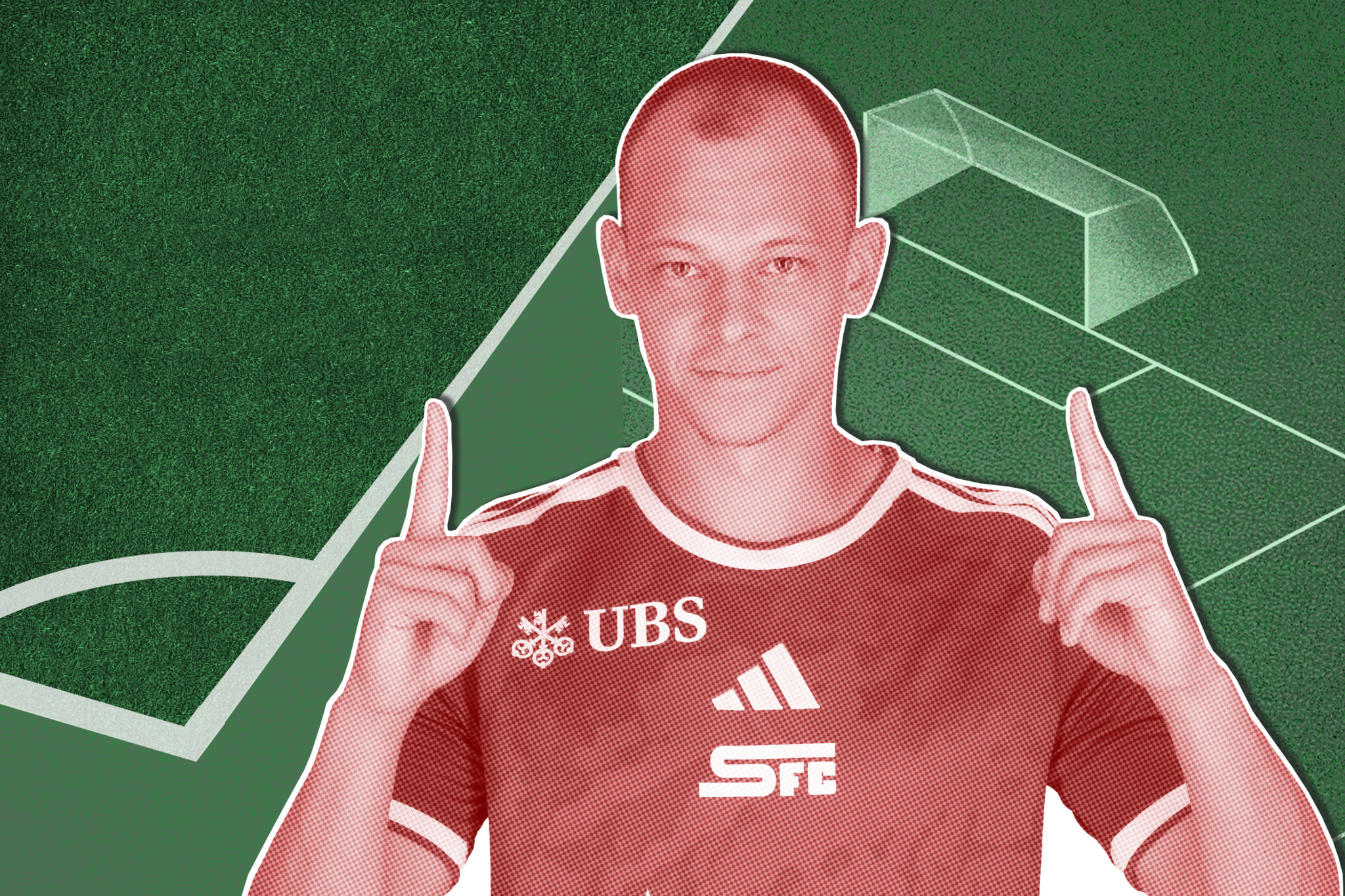 Julian von Moos, Spieler des Grasshopper Clubs Zürich, in einem roten Trikot mit Sponsorenlogos zeigt mit beiden Zeigefingern nach oben. Hintergrund im Stadionstil.