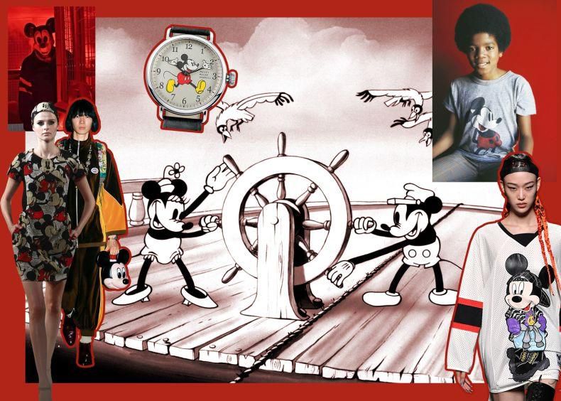Collage présentant des personnages de Disney : Mickey Mouse en noir et blanc, une montre Mickey, et plusieurs mannequins portant des vêtements à thème Disney.
