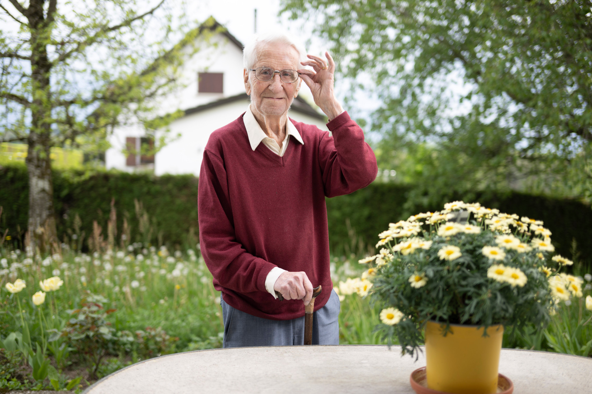 Olivier Nusslé, 100 ans, chanteur et ancien directeur de l’Harmonie des campagnes, pose dans son jardin à Froideville avec des fleurs jaunes.
