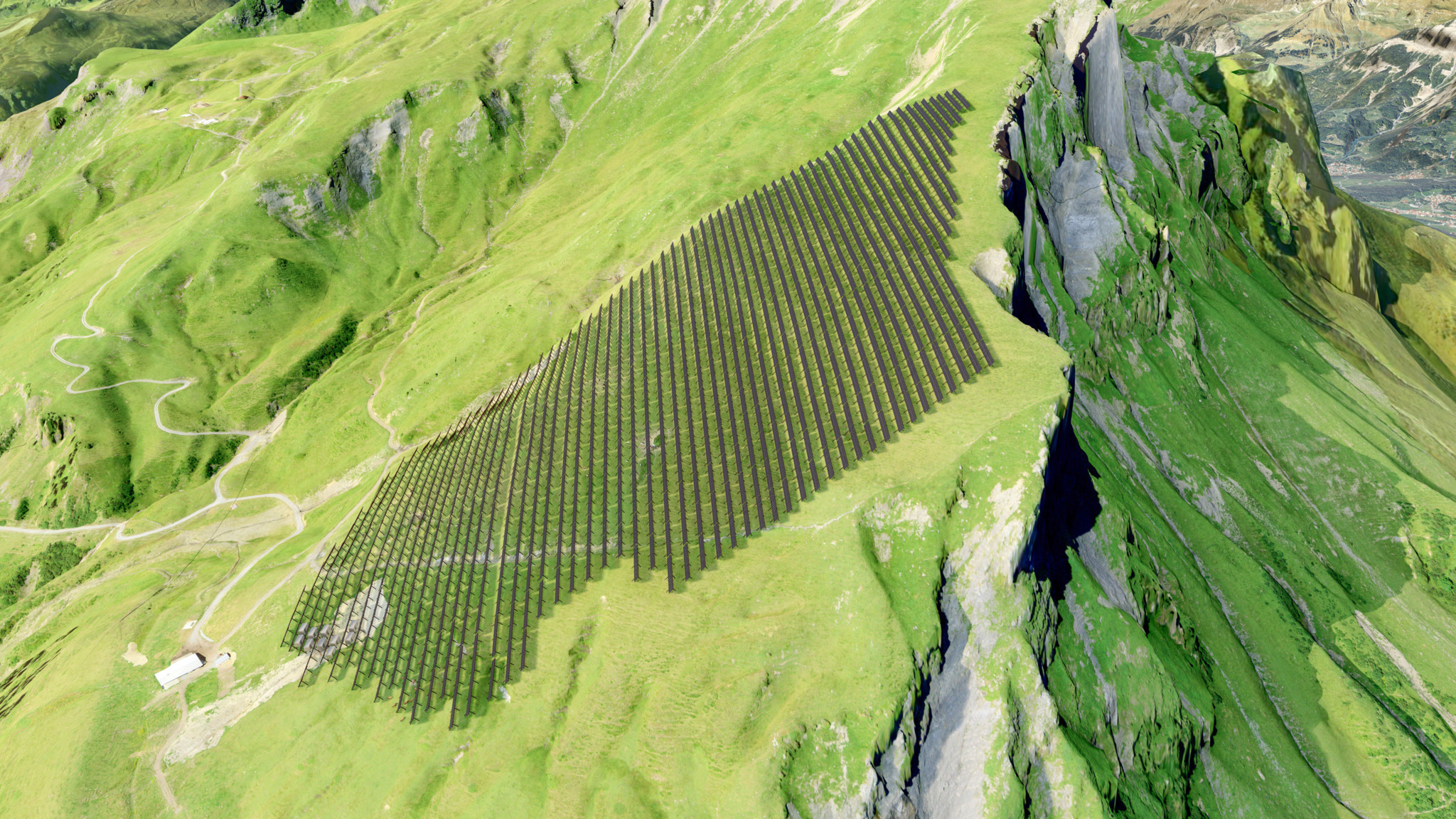 Grosse Solaranlage auf grüner Berglandschaft mit steilen Klippen.