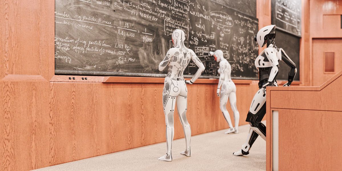Robot women solving equations on blackboard