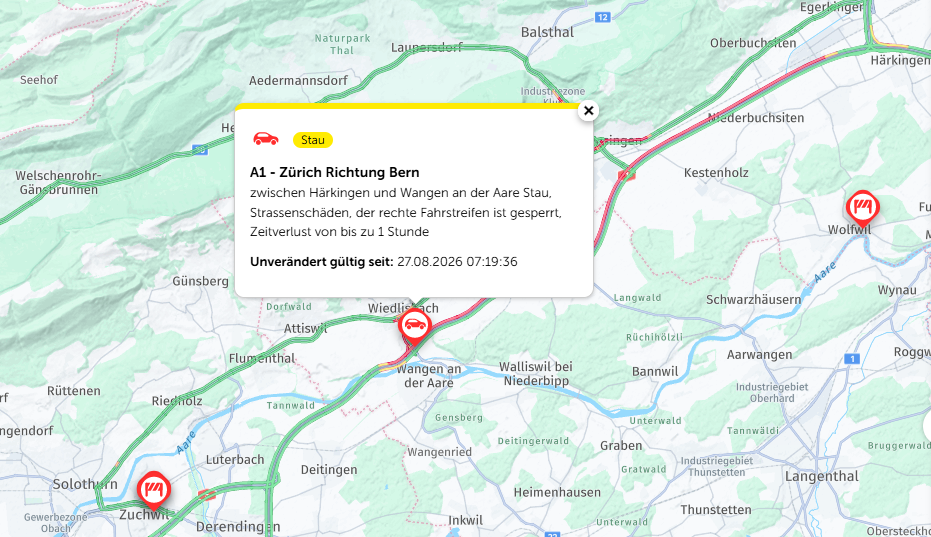 Verkehrskarte zeigt Stau auf A1 Zürich Richtung Bern zwischen Härkingen und Wangen an der Aare, rechte Fahrspur gesperrt.