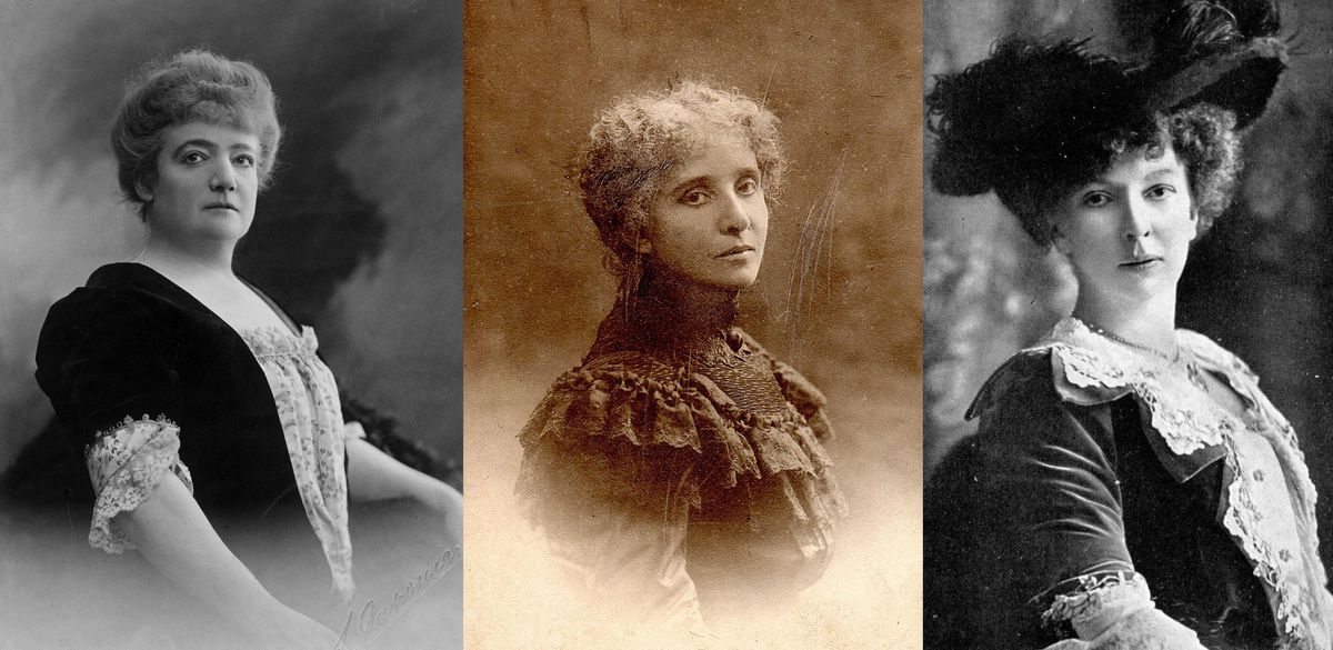 Trois portraits en noir et blanc de femmes élégamment habillées du début du 20e siècle portant des coiffures sophistiquées.