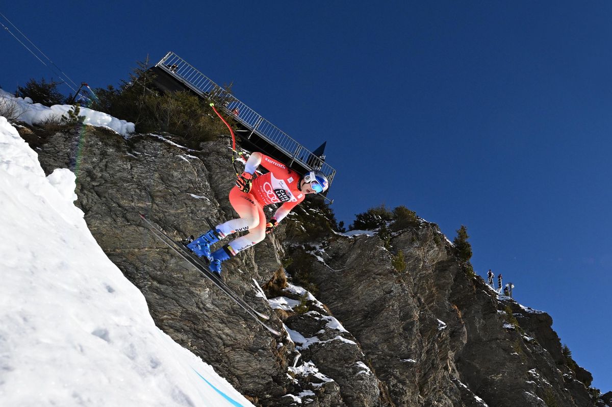 Marco Odermatt du Team Suisse en action lors de l’entraînement de descente hommes Coupe du Monde de Ski à Wengen, Suisse.