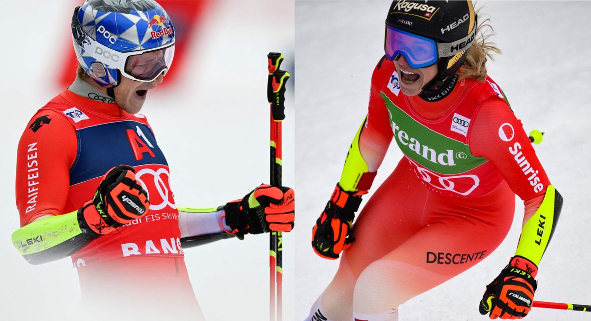 Switzerland's Marco Odermatt celebrates after finishing first run of the Men's Giant Slalom event during the FIS Alpine Ski World Cup in Bansko, on February 10, 2024. (Photo by Nikolay DOYCHINOV / AFP)